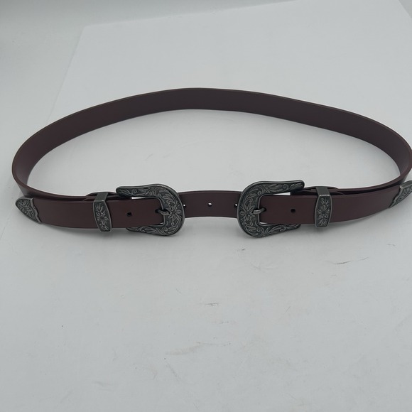 Accessories - Women Faux Leather Belt Vintage Western Cowgirl Brown Double Buckle Design‎ Sz L
